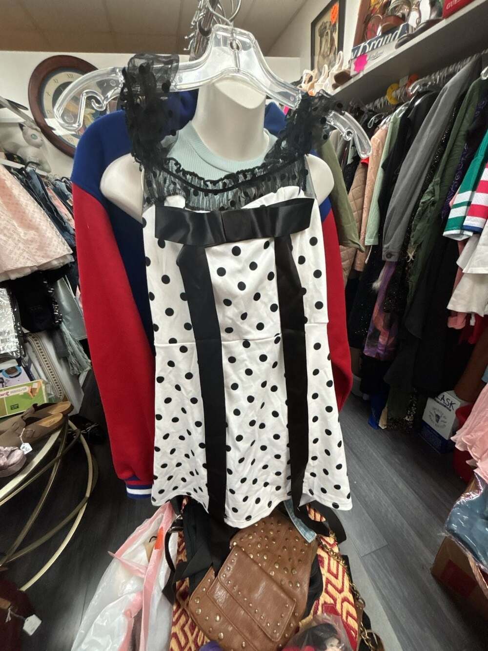 Dear Myself Polka Dot Dress with Black Lace Trim and Bow